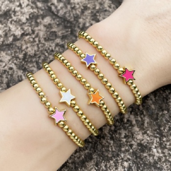 Elastic gold plated enamel charms copper/brass bead bracelet