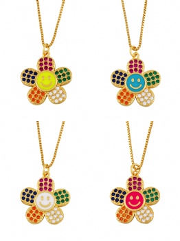 Happy face smiley pendant colored zircon necklace for girl