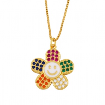 Happy face smiley pendant colored zircon necklace for girl