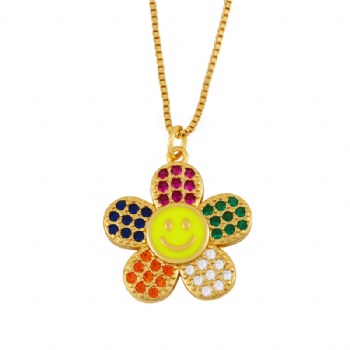 Happy face smiley pendant colored zircon necklace for girl