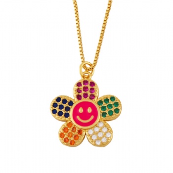 Happy face smiley pendant colored zircon necklace for girl