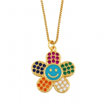 Happy face smiley pendant colored zircon necklace for girl