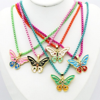 Butterfly pendant colored brass necklace