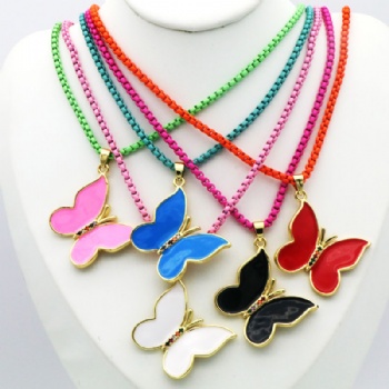 Butterfly pendant colored brass necklace