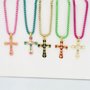 Cross pendant colored brass necklace religious jewelry