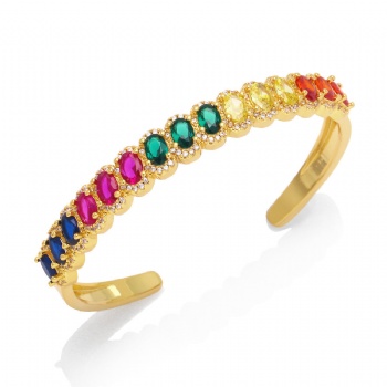 Colored zircon gold plated copper/brass open cuff bracelet bangle