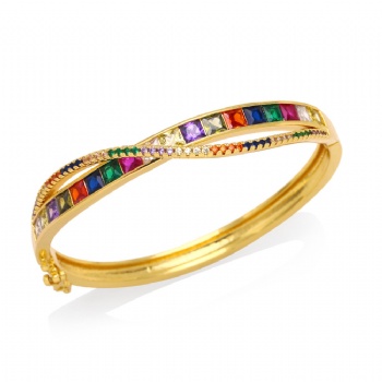 Colored zircon gold plated copper/brass open cuff bracelet bangle