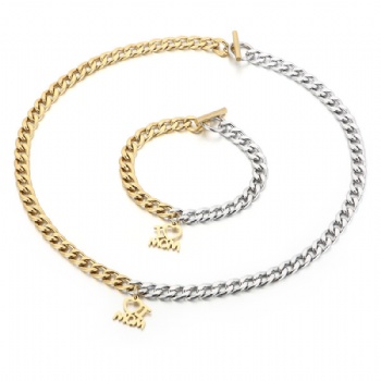 Stainless steel two tone gold cuban link chain necklace jewelry set