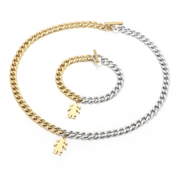 Stainless steel two tone gold cuban link chain necklace jewelry set