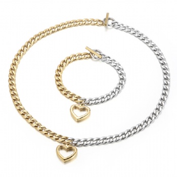 Stainless steel two tone gold cuban link chain necklace jewelry set