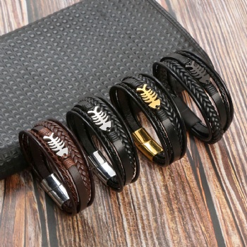 Stainless steel magnet buckle men leather bracelet