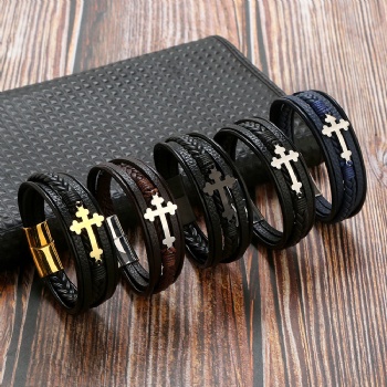 Stainless steel magnet buckle men leather bracelet