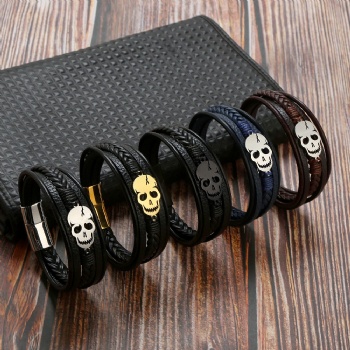 Stainless steel magnet buckle men skull leather bracelet