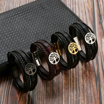 Stainless steel magnet buckle men tree of life leather bracelet