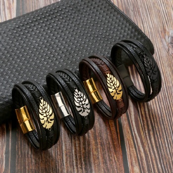 Stainless steel magnet buckle men leaf leather bracelet