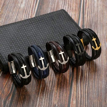 Stainless steel magnet buckle men anchor leather bracelet