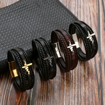 Stainless steel magnet buckle men ECG heartbeat leather bracelet