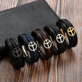 Stainless steel magnet buckle men peace symbol leather bracelet