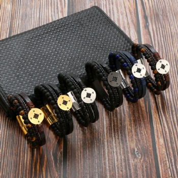 Stainless steel magnet buckle men compass leather bracelet