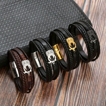 Stainless steel magnet buckle men owl leather bracelet