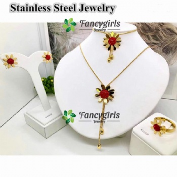 Stainless steel gold plated earrings necklace jewelry set non tarnish sunflower jewelry set