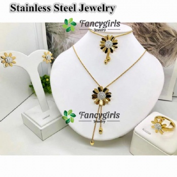 Stainless steel gold plated earrings necklace jewelry set non tarnish sunflower jewelry set