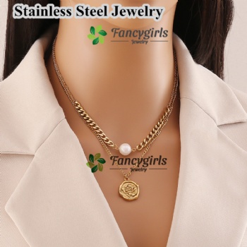 Stainless steel flower pendant double layers necklace